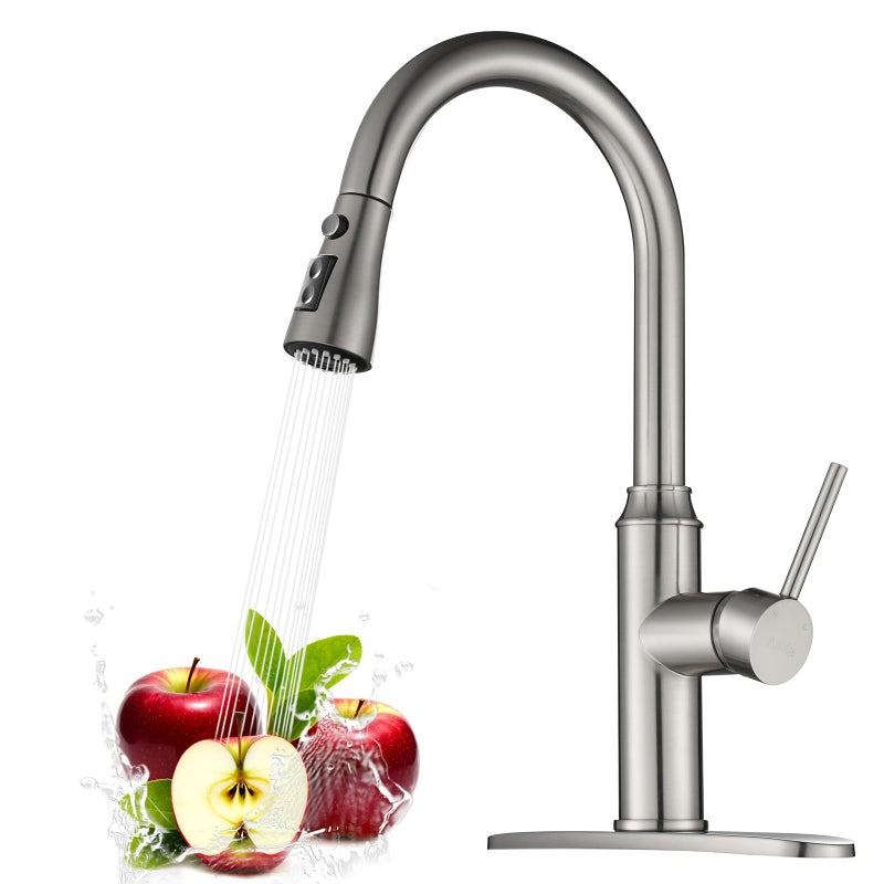 Arofa Kitchen Faucet with Pull Down Sprayer, Brushed Nickel Kitchen Sink Faucet 1-3 Hole Single Handle High Arc Stainless Steel Commercial Modern Kitchen Faucets for RV/Laundry/Outdoor/Farmhouse Sink - Image 1